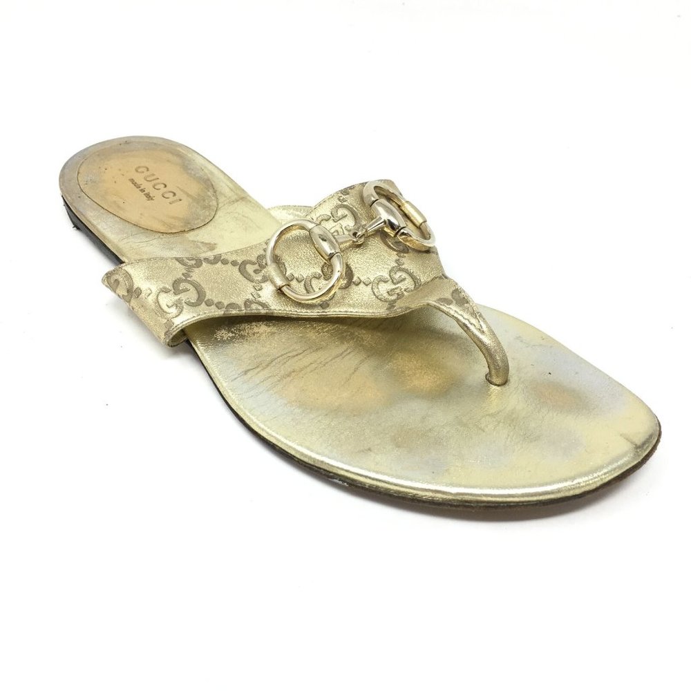 Gucci GG Horsebit Flip Flops Shoes Size 6.5 Gold
